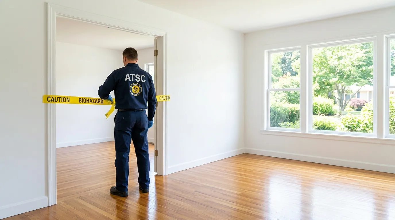 Certified biohazard cleanup crew performing Decomposition Cleanup in Mustang